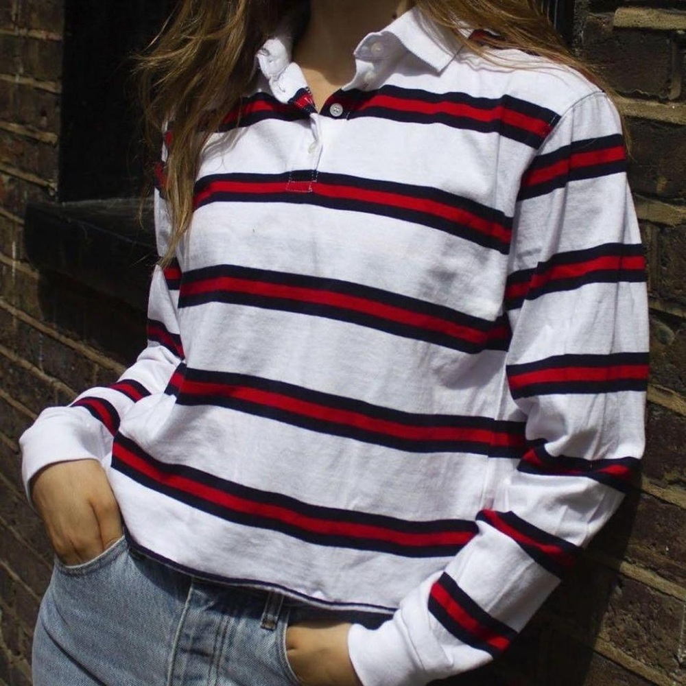 John Galt Striped Rugby Polo Cropped Raw Hem Preppy Coastal Small